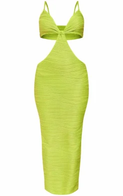 Lime Textured Cut Out Knot Detail Strappy Midaxi Dress