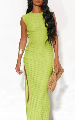 Lime Textured Jersey Boat Neck Ring Detail Maxi Dress