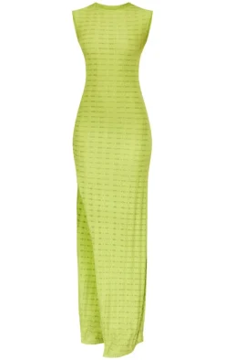 Lime Textured Jersey Boat Neck Ring Detail Maxi Dress