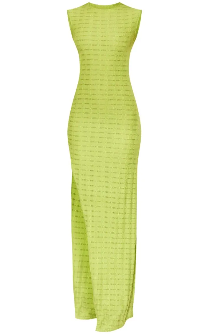 Lime Textured Jersey Boat Neck Ring Detail Maxi Dress