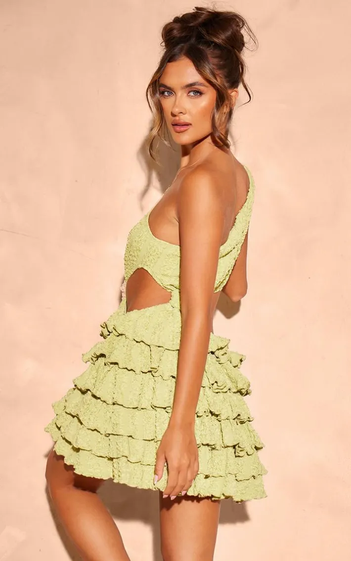 Lime Textured One Shoulder Frill Hem Mini Dress