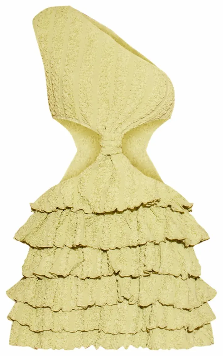 Lime Textured One Shoulder Frill Hem Mini Dress