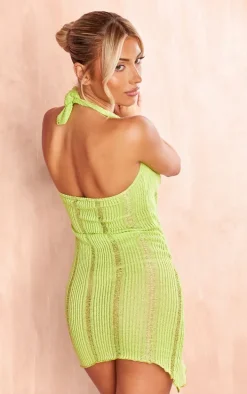 Lime Textured Sheer Halter Neck Cowl Neck Mini Dress