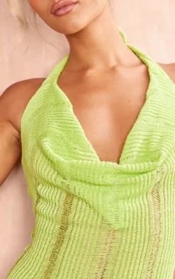 Lime Textured Sheer Halter Neck Cowl Neck Mini Dress