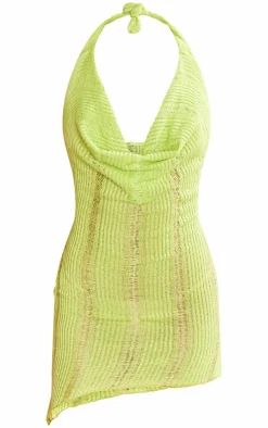 Lime Textured Sheer Halter Neck Cowl Neck Mini Dress
