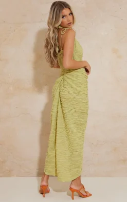 Lime Textured Tie Detail Drape Skirt Midi Dress