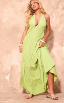 Lime Woven Tie Halterneck Tiered Maxi Dress
