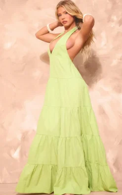Lime Woven Tie Halterneck Tiered Maxi Dress