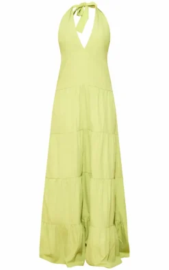 Lime Woven Tie Halterneck Tiered Maxi Dress