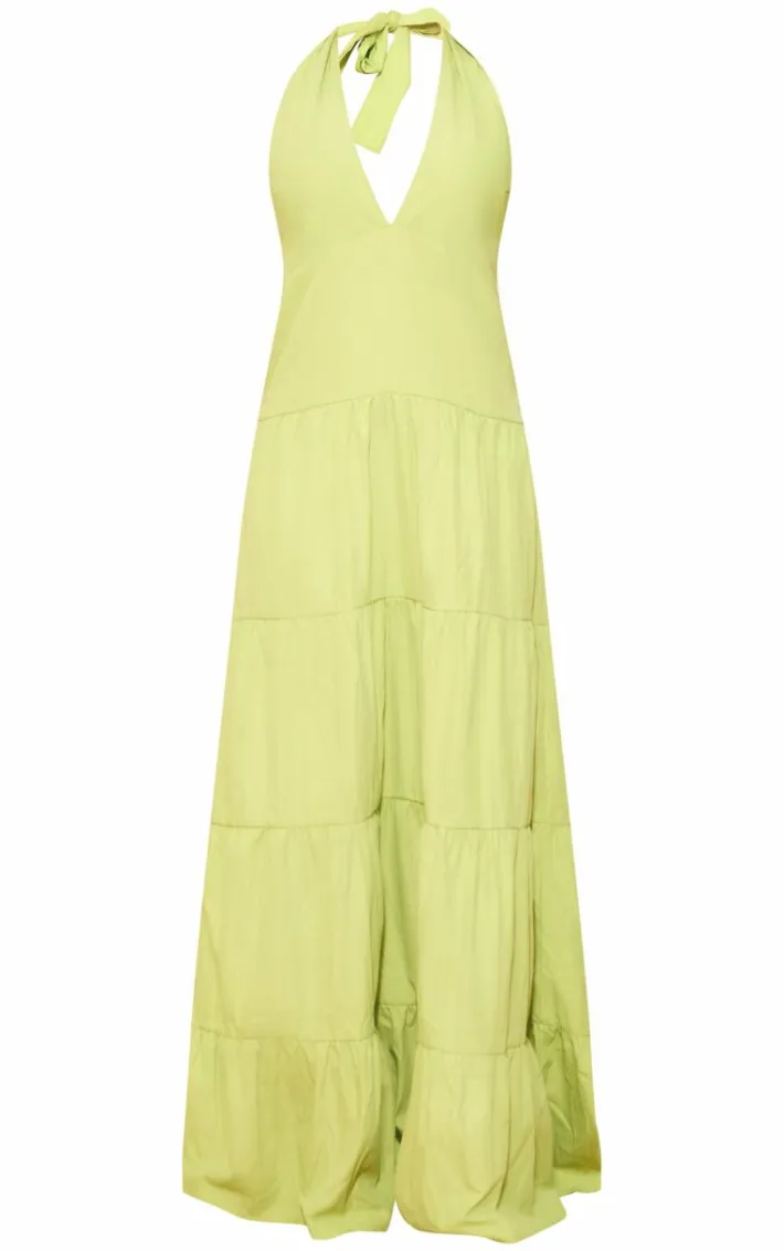 Lime Woven Tie Halterneck Tiered Maxi Dress