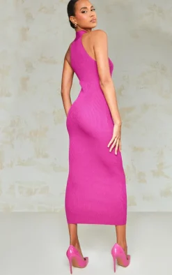 Lipstick Pink Plunge Twist Maxi Knitted Dress