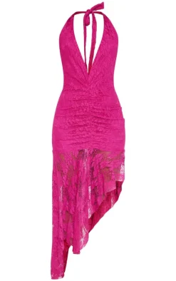 Magenta Lace Plunge Neck Ruched Asymmetric Hem Midi Dress