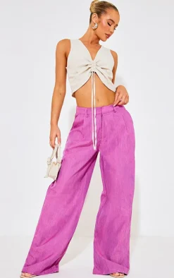 Magenta Woven Linen Feel Tailored High Waist Wide Leg Pants