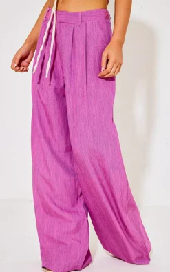 Magenta Woven Linen Feel Tailored High Waist Wide Leg Pants