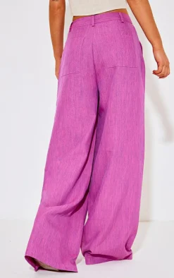 Magenta Woven Linen Feel Tailored High Waist Wide Leg Pants