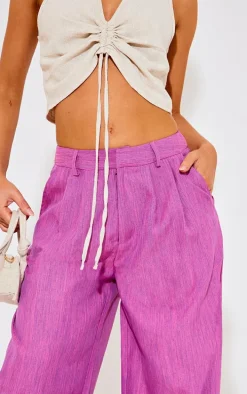 Magenta Woven Linen Feel Tailored High Waist Wide Leg Pants