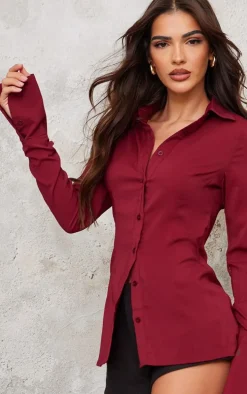Maroon Chiffon Fitted Shirt