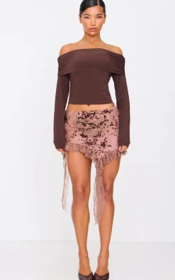 Maroon Floral Devore Lace Trim Hem Mini Skirt