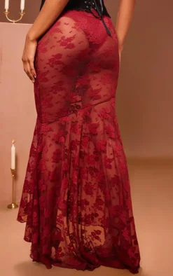 Maroon Floral Lace Ruffle Hem Maxi Skirt