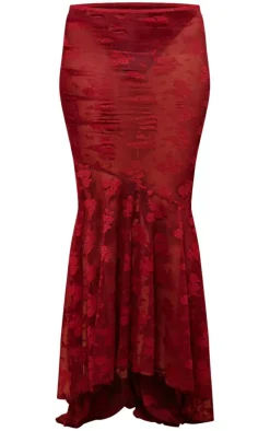 Maroon Floral Lace Ruffle Hem Maxi Skirt