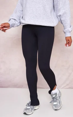 Maternity Black Snatched Ribbed Split Hem Leggings