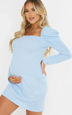 Maternity Baby Blue Puff Shoulder Long Sleeve Rib Mini Dress