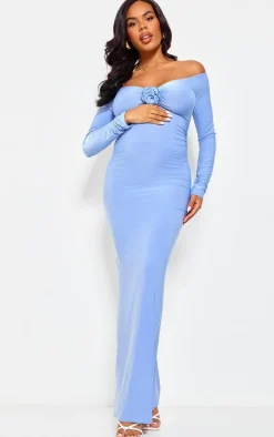 Maternity Baby Blue Slinky Corsage Detail Off The Shoulder Maxi Dress