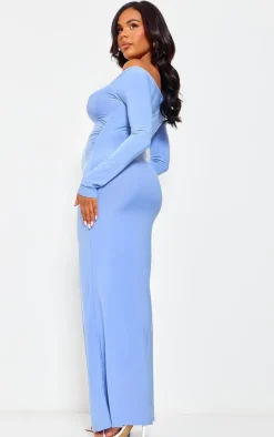 Maternity Baby Blue Slinky Corsage Detail Off The Shoulder Maxi Dress
