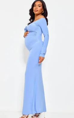 Maternity Baby Blue Slinky Corsage Detail Off The Shoulder Maxi Dress
