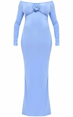 Maternity Baby Blue Slinky Corsage Detail Off The Shoulder Maxi Dress