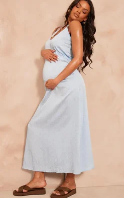 Maternity Baby Blue Textured Satin Low Neck Maxi Dress