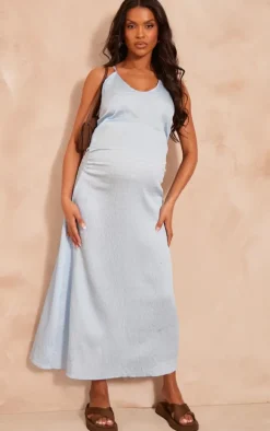 Maternity Baby Blue Textured Satin Low Neck Maxi Dress