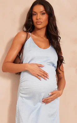 Maternity Baby Blue Textured Satin Low Neck Maxi Dress