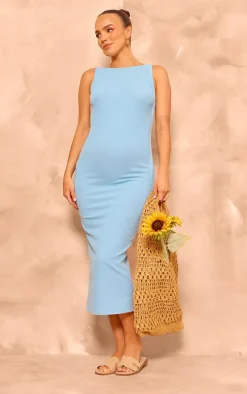 Maternity Baby Blue Textured Scoop Back Sleeveless Midi Dress