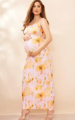 Maternity Baby Pink Floral Print Plisse Midaxi Dress