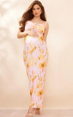 Maternity Baby Pink Floral Print Plisse Midaxi Dress