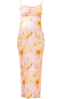 Maternity Baby Pink Floral Print Plisse Midaxi Dress