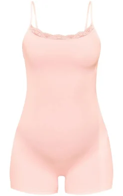 Maternity Baby Pink Snatched Sculpt Lace Trim Romper