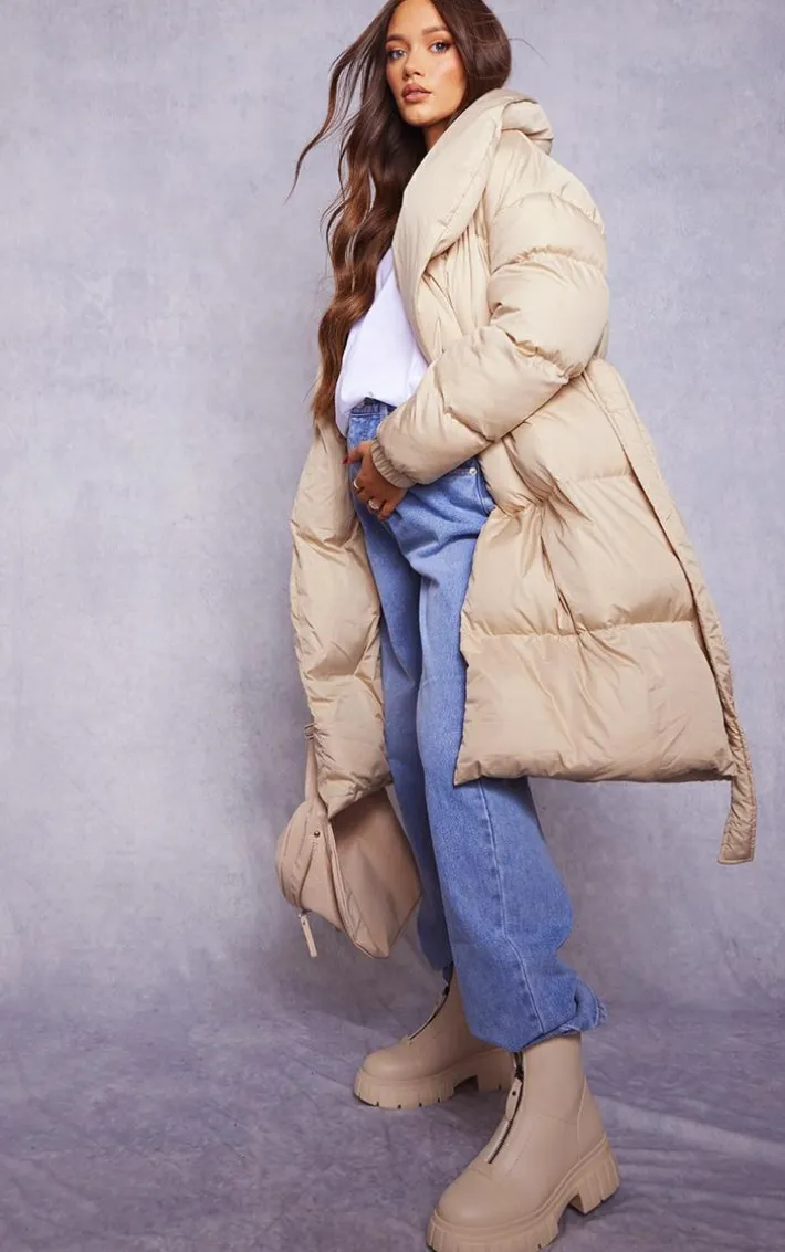 Maternity Beige Oversized Belted Longline Puffer Coat