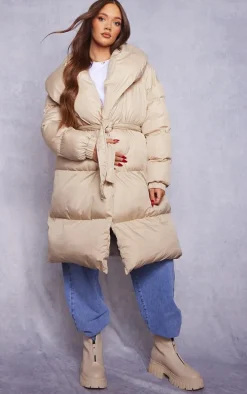 Maternity Beige Oversized Belted Longline Puffer Coat