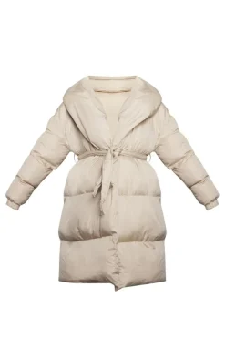 Maternity Beige Oversized Belted Longline Puffer Coat