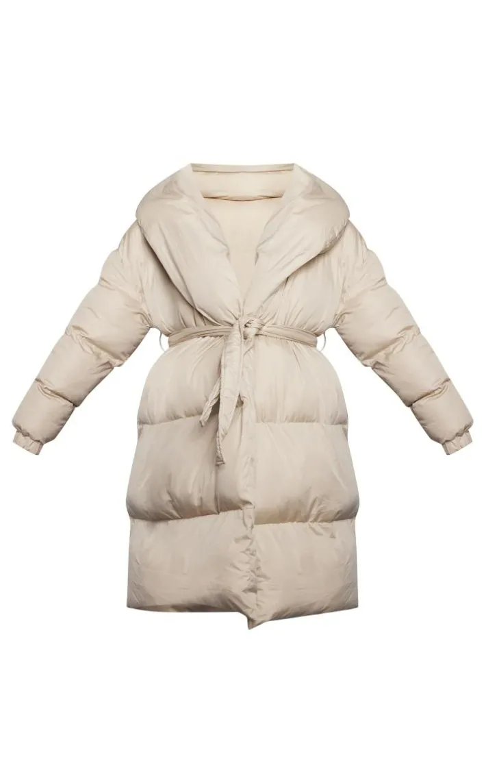 Maternity Beige Oversized Belted Longline Puffer Coat