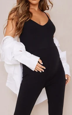 Maternity Black Basic Strappy Plunge Jumpsuit