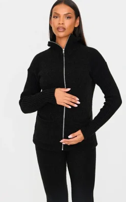 Maternity Black Boucle Knit Zip Up Long Sleeve Top