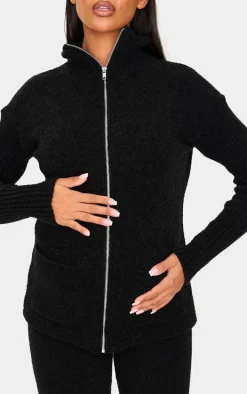 Maternity Black Boucle Knit Zip Up Long Sleeve Top