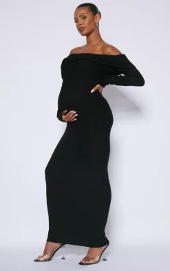 Maternity Black Brushed Rib Off The Shoulder Maxi Dress