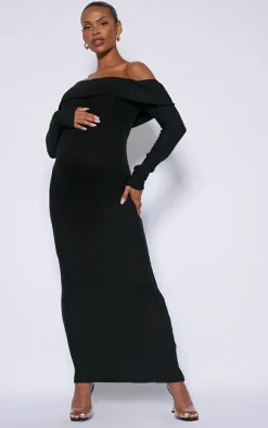 Maternity Black Brushed Rib Off The Shoulder Maxi Dress