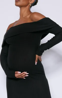 Maternity Black Brushed Rib Off The Shoulder Maxi Dress