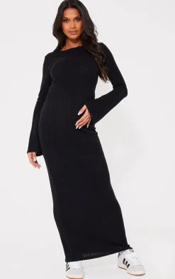 Maternity Black Brushed Rib Long Sleeve Maxi Dress