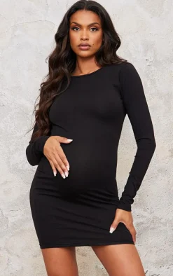 Maternity Black Cotton Tie Scoop Back Mini Dress